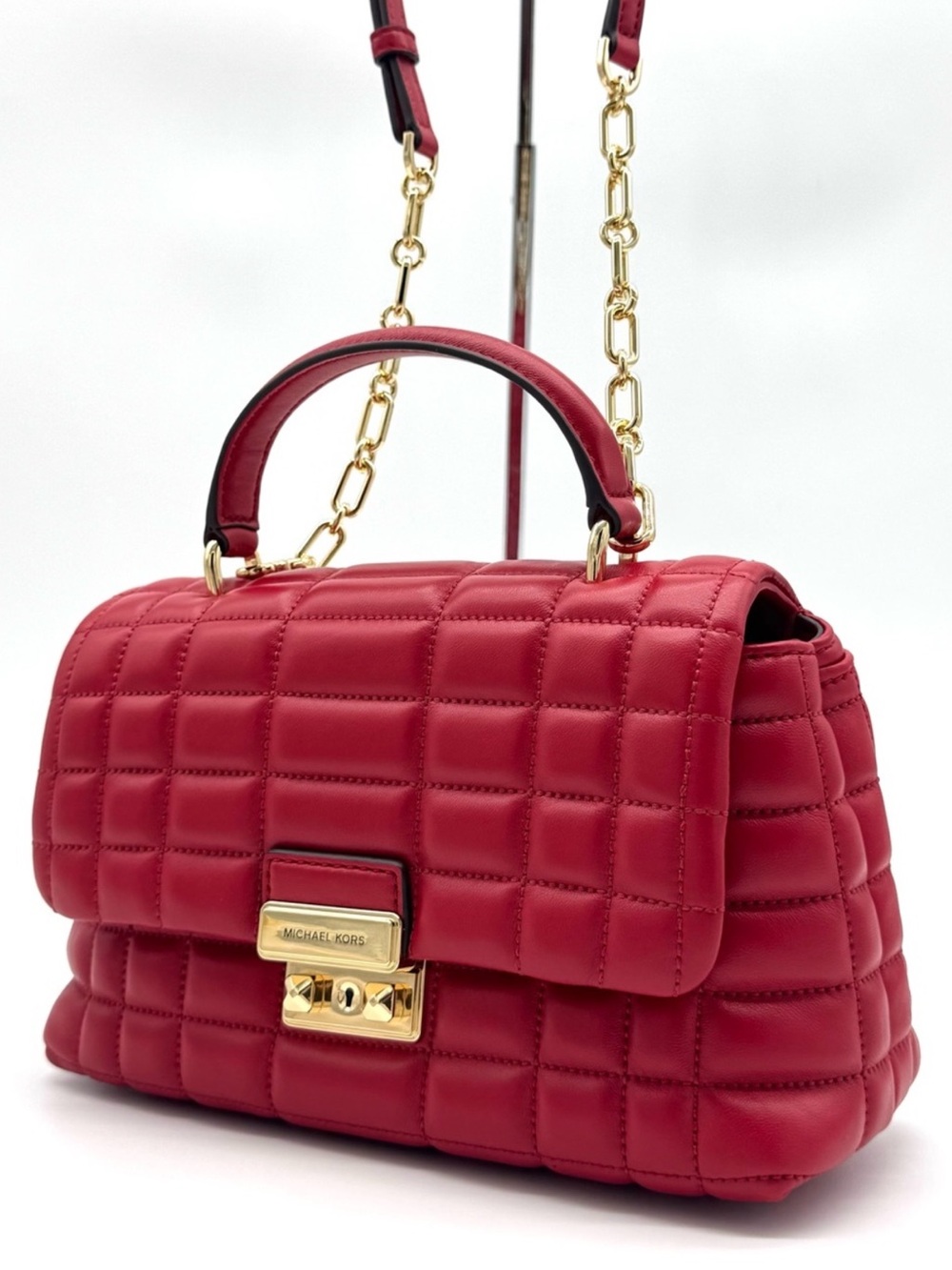 Michael Kors Tribeca Medium Quilted Leather Satchel Bag Crimson Red